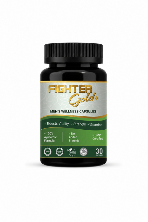 Bottle of Fighter Gold Men's Wellness Capsules on a white background