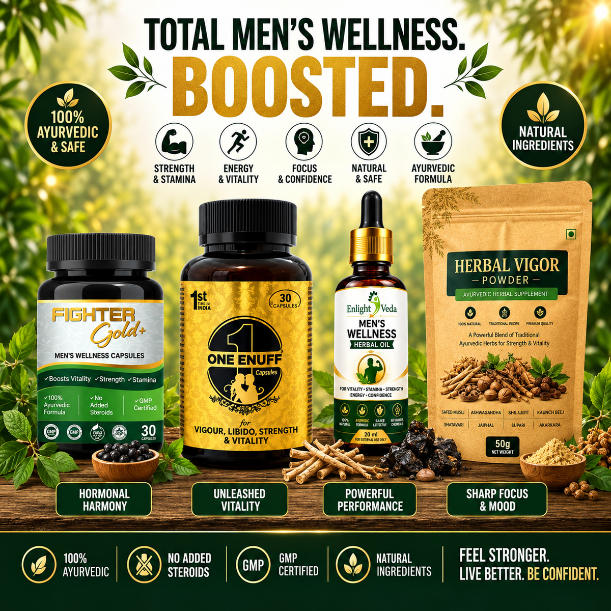 Fighter Gold Monthly Wellness Pack for Men – Capsule + Herbal Powder | Strength, Stamina & Vitality Support (30 Days)