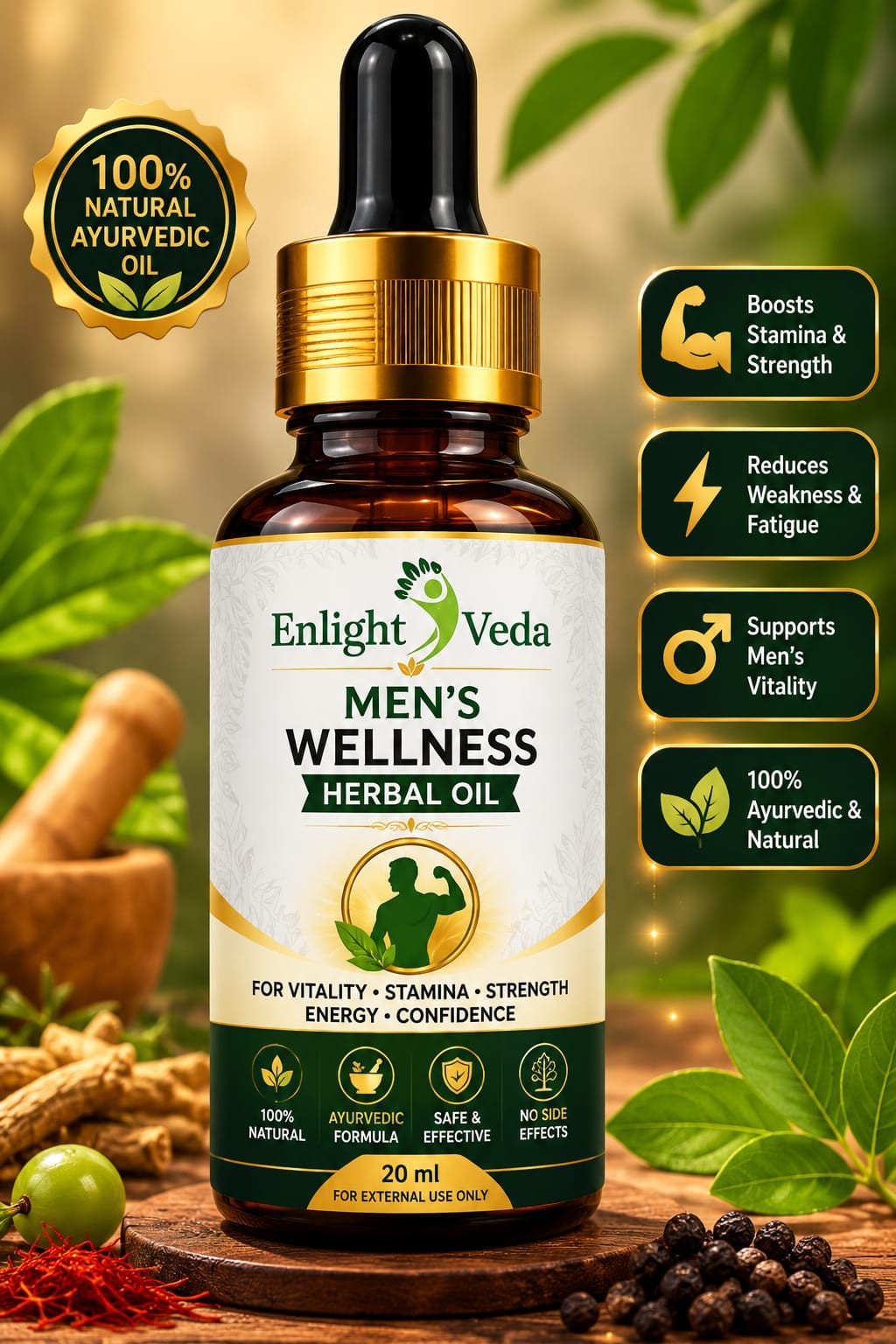 Bottle of Enlight Veda Men's Wellness Herbal Oil with dropper on a natural background