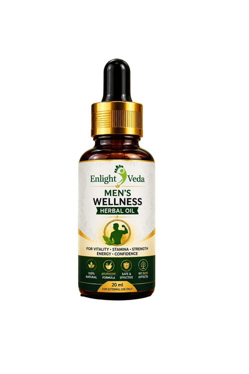 Bottle of Men's Wellness Herbal Oil by Enlight Veda on a white background