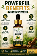 Promotional graphic for Enlight Veda Men's Wellness Herbal Oil with dropper bottle on a natural background.