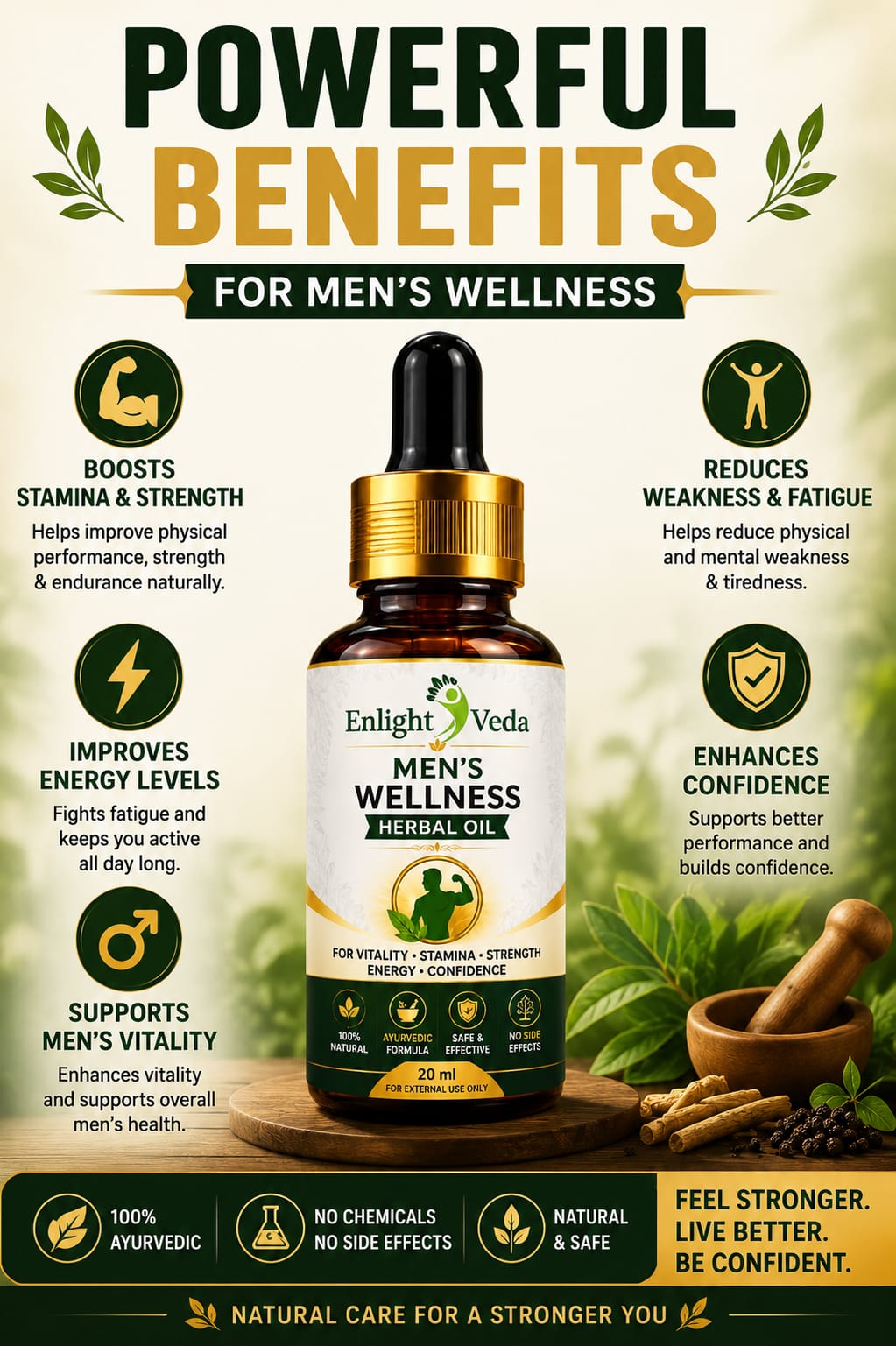 Promotional graphic for Enlight Veda Men's Wellness Herbal Oil with dropper bottle on a natural background.