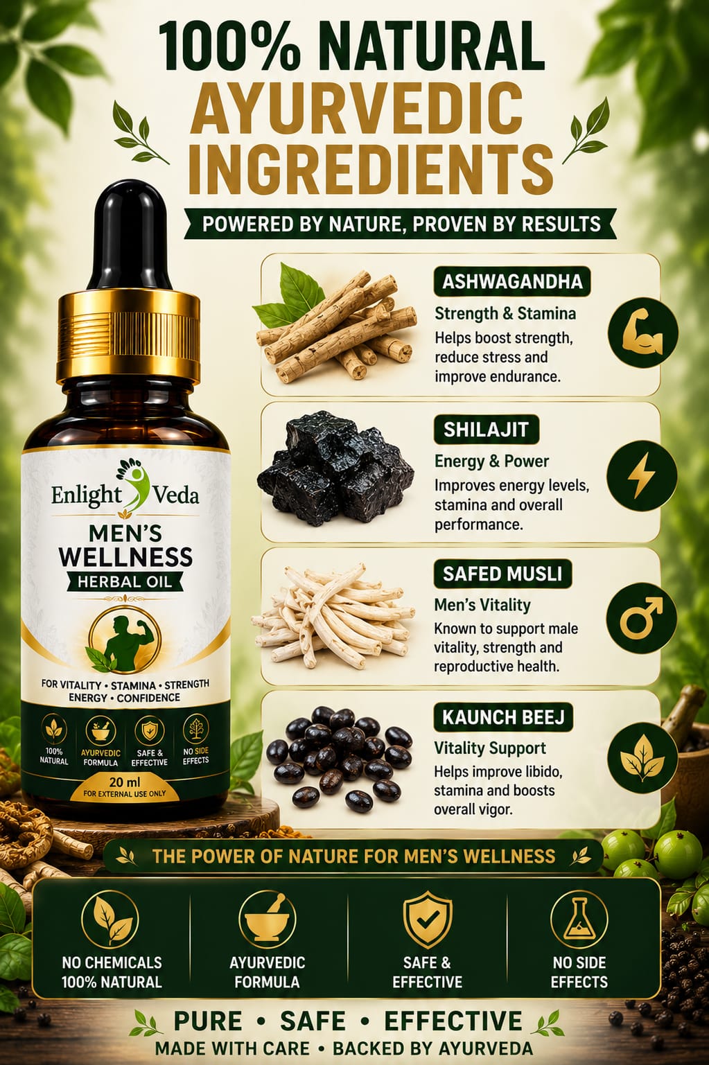 Herbal oil bottle with Ayurvedic ingredients and benefits on a natural background