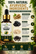 Herbal oil bottle with Ayurvedic ingredients and benefits on a natural background
