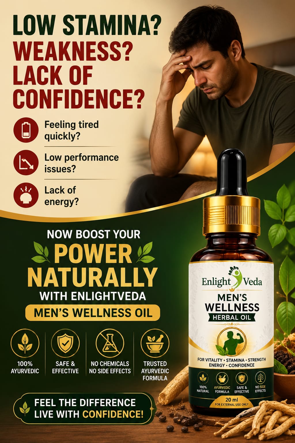 Advertisement for Enlightveda Men's Wellness Oil with a man looking stressed and text about health issues.