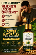 Advertisement for Enlightveda Men's Wellness Oil with a man looking stressed and text about health issues.