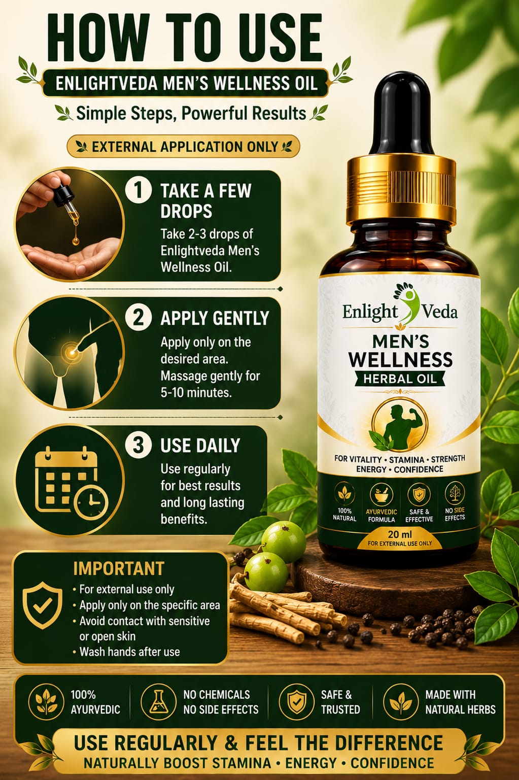 Bottle of Enlight Veda Men's Wellness Herbal Oil with usage instructions on a green background