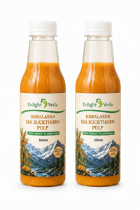 Two bottles of Himalayan Sea Buckthorn Pulp with Enlight Veda label on a white background