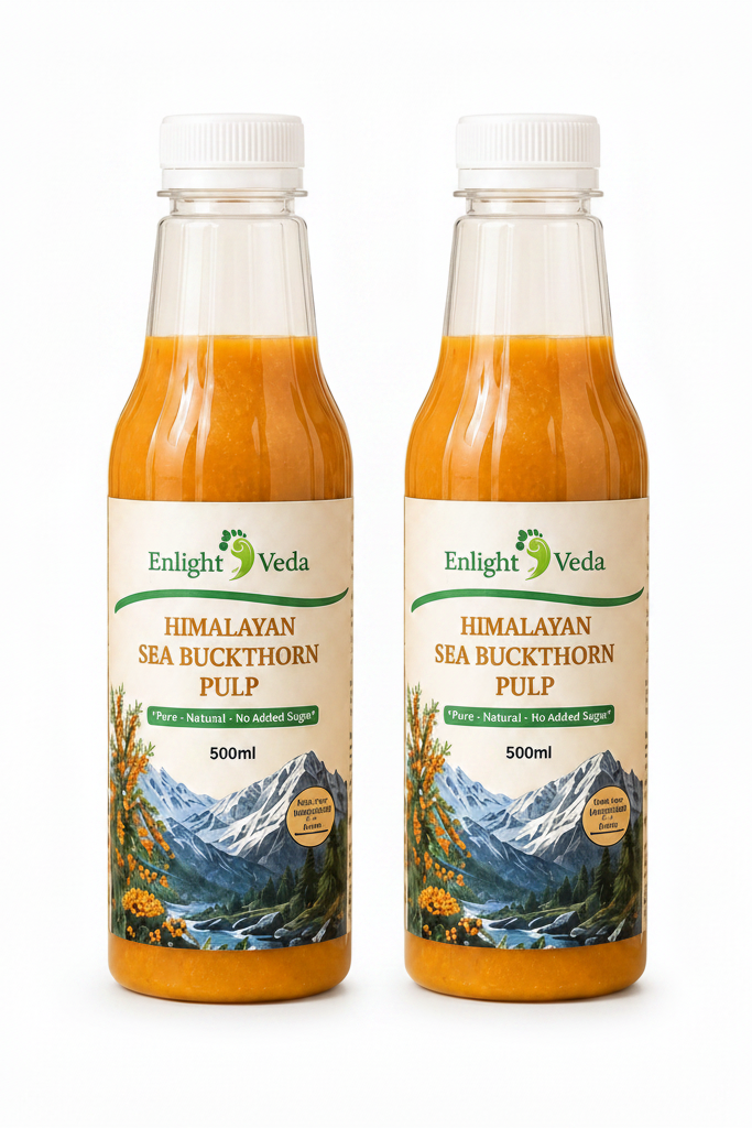 Two bottles of Himalayan Sea Buckthorn Pulp with Enlight Veda label on a white background