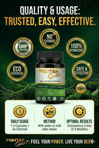 Bottle of Fighter Gold supplement with certification logos and usage instructions on a green background.