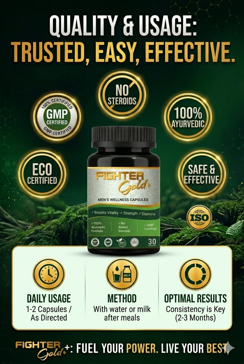 Bottle of Fighter Gold supplement with certification logos and usage instructions on a green background.