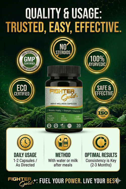 Bottle of Fighter Gold supplement with certification logos and usage instructions on a green background.