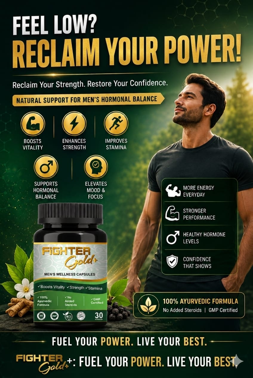 Advertisement for Fighter Gold supplement with a man and product on a natural background