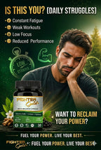 Advertisement for Fighter Gold supplement with a man struggling with fatigue, surrounded by nature elements.