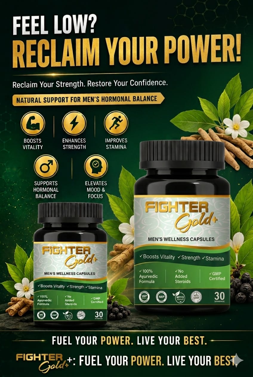 Advertisement for Fighter Gold men's wellness capsules with green leaves and flowers on a dark background.
