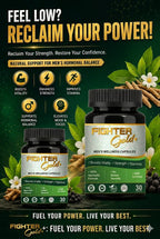 Advertisement for Fighter Gold men's wellness capsules with green leaves and flowers on a dark background.