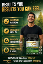 Advertisement for Fighter Gold men's wellness capsules with a man holding the product and text about health benefits.