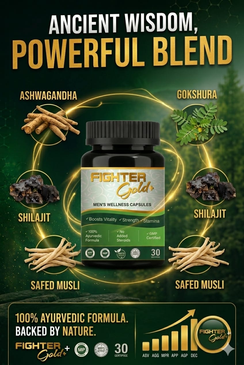Bottle of Fighter Gold capsules with Ayurvedic ingredients on a green background
