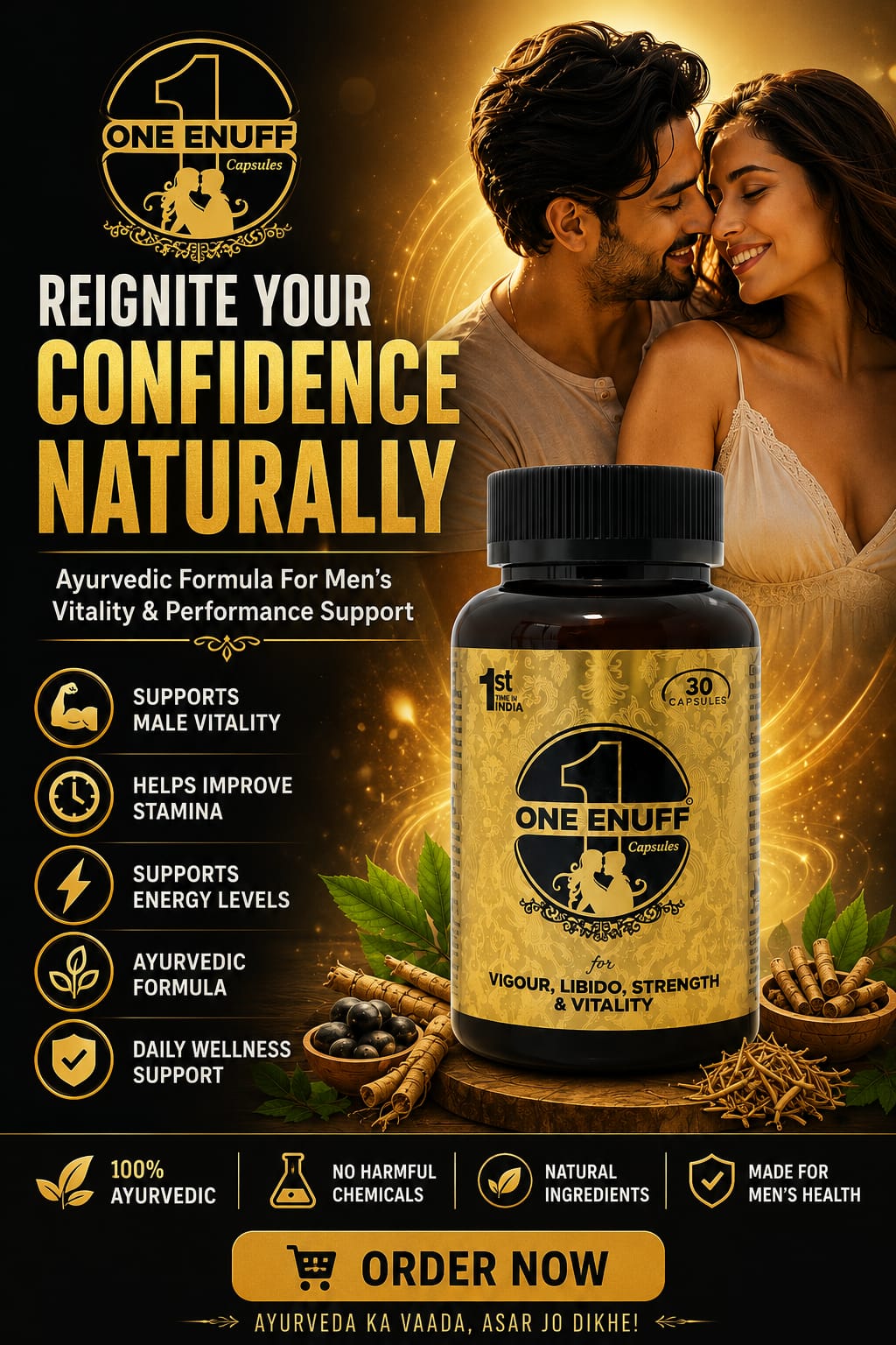 One Enuff Capsules – Advanced Ayurvedic Formula with Swarn Bhasma for Men's Vigour, Libido, Strength & Vitality (30 Capsules)