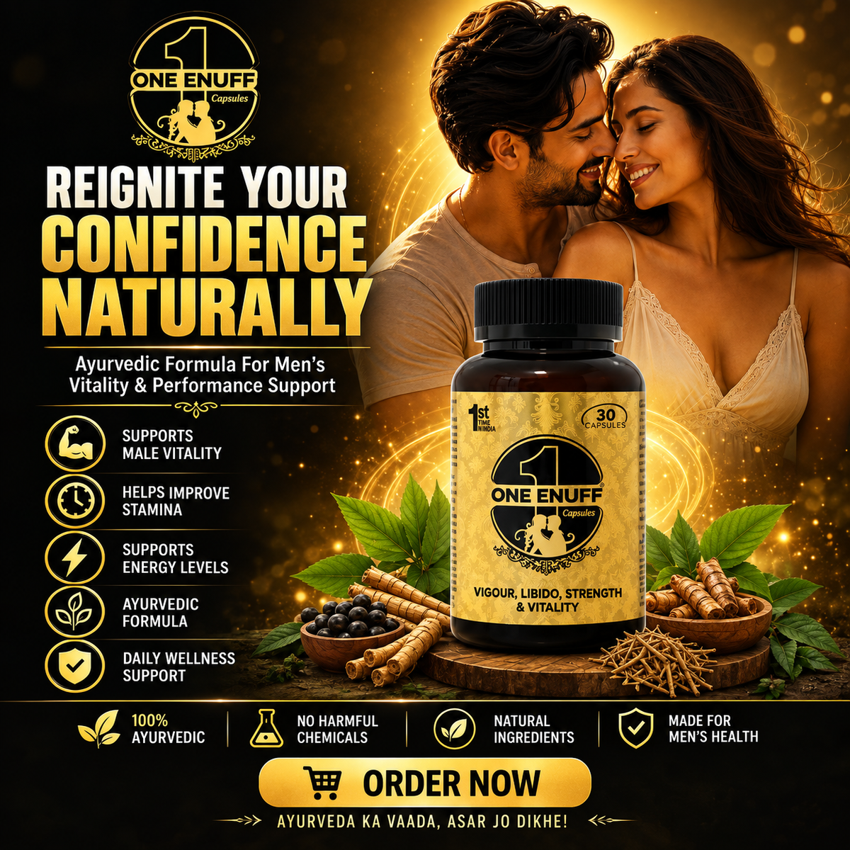 One Enuff Capsules – Advanced Ayurvedic Formula with Swarn Bhasma for Men's Vigour, Libido, Strength & Vitality (30 Capsules)