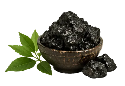 Black stones in a wooden bowl with green leaves on a white background