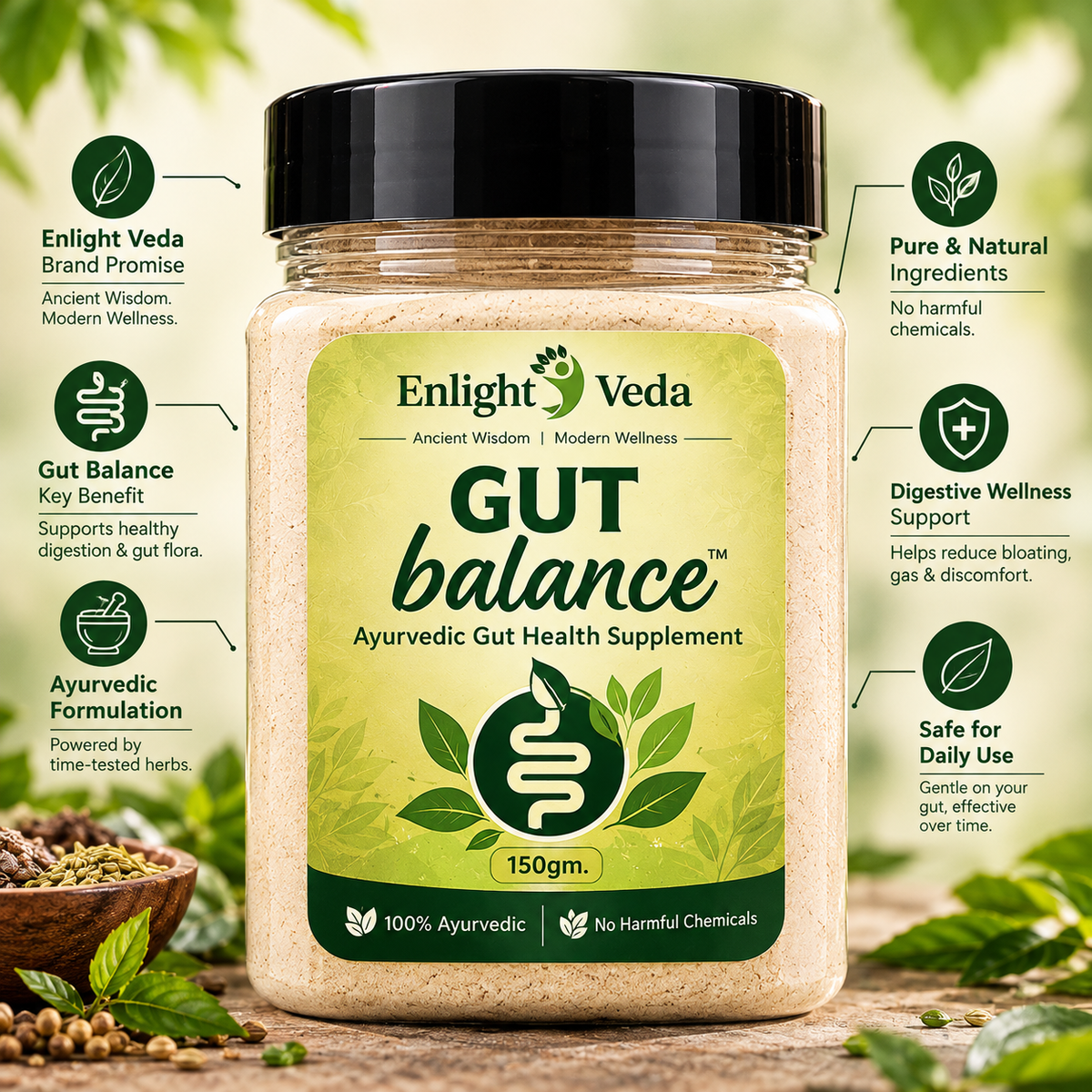 Enlight Veda Gut Balance – Ayurvedic Gut Health Powder | 150g